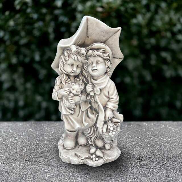 Stone Kids With Umbrella Sculpture Outdoor Children Statue Concrete Boy & Girl Ornament Children Lover Gift Memorial Decoration - image 1