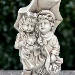 Stone Kids With Umbrella Sculpture Outdoor Children Statue Concrete Boy & Girl Ornament Children Lover Gift Memorial Decoration - thumbnail 2