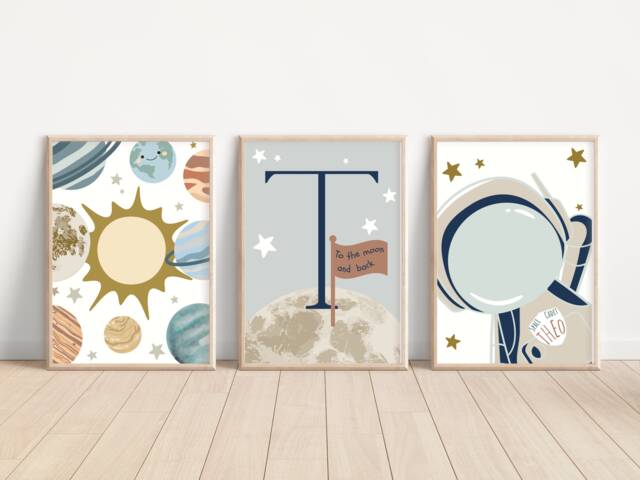 Set Of 3 Space Prints With A Personalised Astronaut & Initial Print. Perfect For Nursery, Bedroom Or Playroom - Prints Only - image 1
