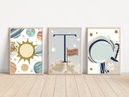 Set Of 3 Space Prints With A Personalised Astronaut & Initial Print. Perfect For Nursery, Bedroom Or Playroom - Prints Only - thumbnail 1