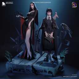 The Matron & Maiden - Gothic Duo Dark Academia Horror Wednesday & Morticia Resin Figure 16K - thumbnail 2