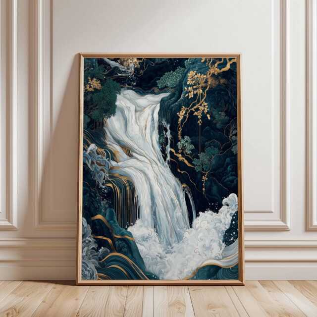 Oriental Waterfall Wall Art, Japanese-Inspired Nature Poster, Gold & Teal Landscape Print For Modern Home Decor - image 1