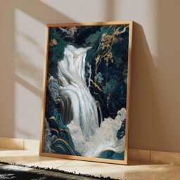 Oriental Waterfall Wall Art, Japanese-Inspired Nature Poster, Gold & Teal Landscape Print For Modern Home Decor - thumbnail 2