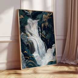 Oriental Waterfall Wall Art, Japanese-Inspired Nature Poster, Gold & Teal Landscape Print For Modern Home Decor - thumbnail 4