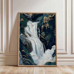 Oriental Waterfall Wall Art, Japanese-Inspired Nature Poster, Gold & Teal Landscape Print For Modern Home Decor