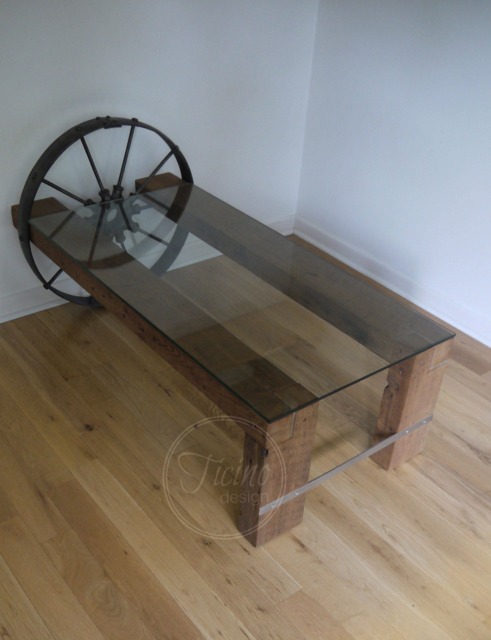 Reclaimed Barn Wood Coffee Table With Antique Farm Wheel - image 1
