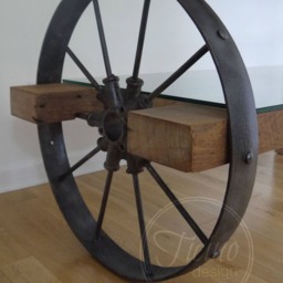 Reclaimed Barn Wood Coffee Table With Antique Farm Wheel - thumbnail 3