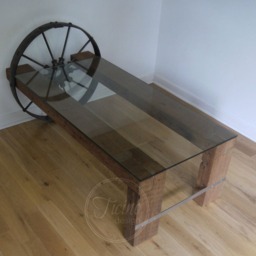 Reclaimed Barn Wood Coffee Table With Antique Farm Wheel - thumbnail 2