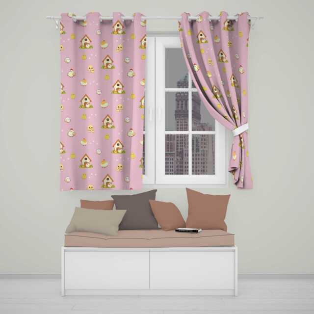 Cute Baby Chick Hen Coop Farm Soft Pink Background Seamless Pattern Readymade Eyelet Ring Top Thermal 100% Blackout Curtains - image 1