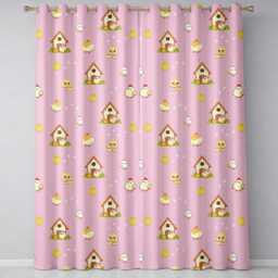 Cute Baby Chick Hen Coop Farm Soft Pink Background Seamless Pattern Readymade Eyelet Ring Top Thermal 100% Blackout Curtains - thumbnail 2