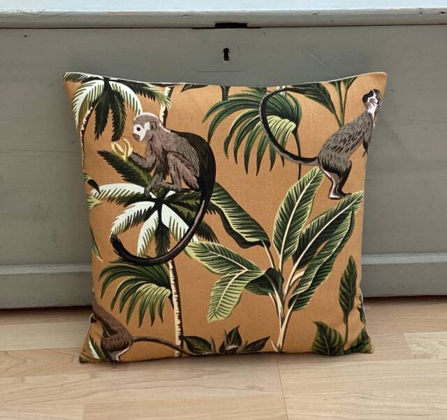 Handmade Double Sided Jungle Tropical Monkey Ochre Brown Green Palm Leaf Throw Pillow Sham Cushion Cover - image 1