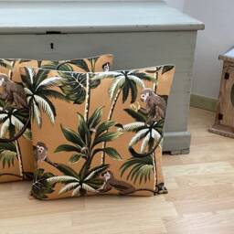 Handmade Double Sided Jungle Tropical Monkey Ochre Brown Green Palm Leaf Throw Pillow Sham Cushion Cover - thumbnail 3
