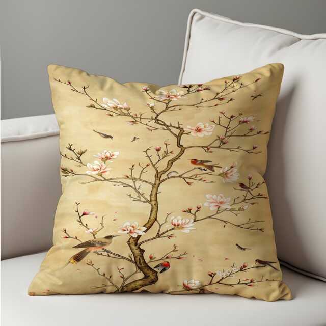 Blossom Bird Cushion Cover, Oriental Floral Pillow Case, Classic Tree Art Decorative Throw Pillowcase - image 1