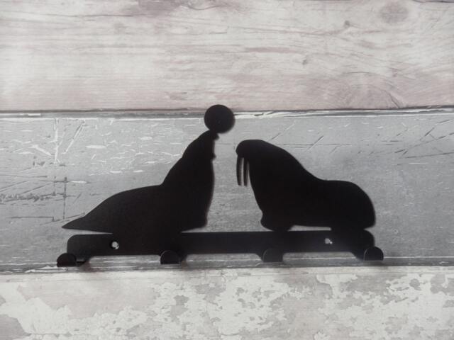 Sealion With Ball & Walrus Silhouette Key Hook Rack - Metal Wall Art - image 1