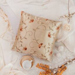 Tan Decorative Throw Pillow Cover, Silk Velour Blend Floral Embroidered Cushion Covers, Accent Designer Trendy Pillowcase, Boutique Pillows - thumbnail 2