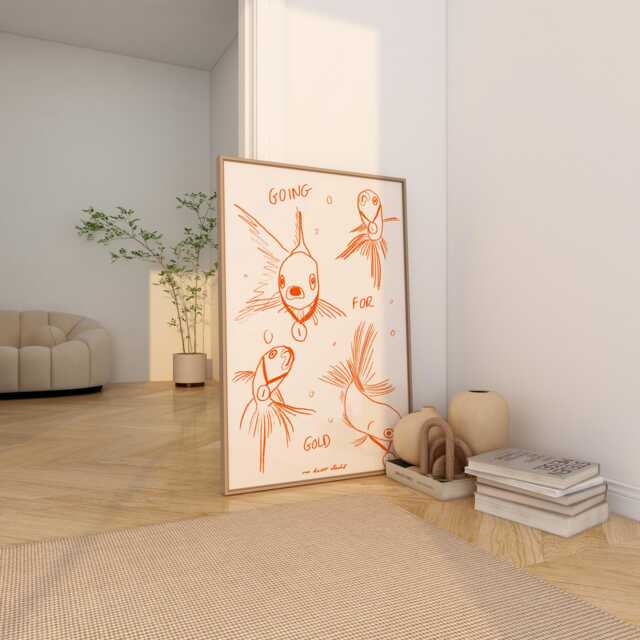 Goldfish Illustration Art Print, Mid Century Modern Kitchen Wall Decor - image 1