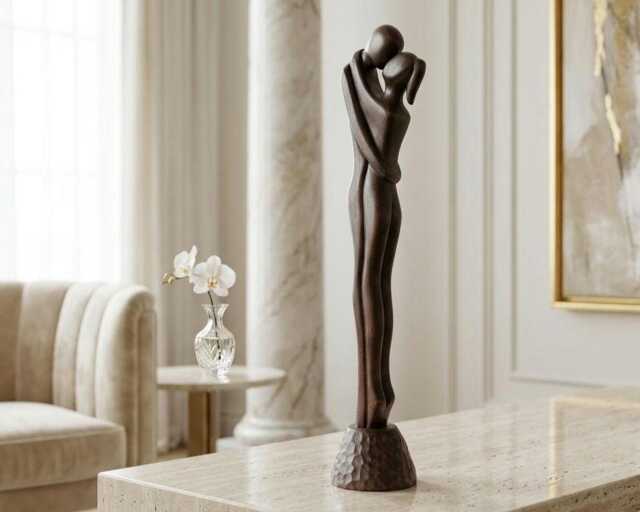 "Hand Carved Wooden Couple Sculpture - ""First Kiss" - image 1