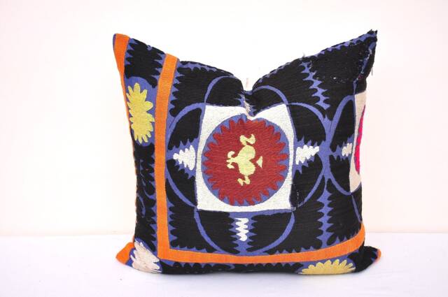 Handmade Uzbek Suzani Pillow Cover, Embroidered Cotton Cushion, 18x18 - image 1