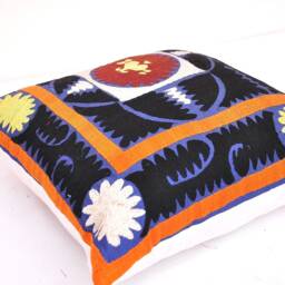 Handmade Uzbek Suzani Pillow Cover, Embroidered Cotton Cushion, 18x18 - thumbnail 2
