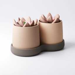 Duo Planter For Desk - Pleated Plant Pot Set With Tray Succulent Minimalist Office Decor Indoor Eco Friendly Gift - thumbnail 1