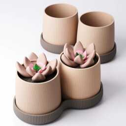 Duo Planter For Desk - Pleated Plant Pot Set With Tray Succulent Minimalist Office Decor Indoor Eco Friendly Gift - thumbnail 2