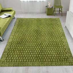 Hand Block Printed Cotton Rug Green Hallway Runner - thumbnail 2