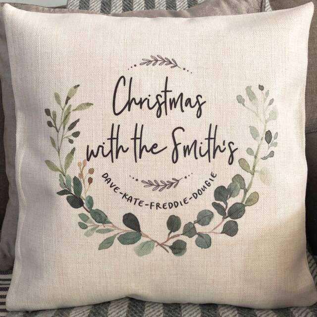 Personalised Christmas With The....family Botanical Linen Style Cushion