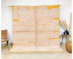 Hand Tufted Moroccan Peach Berber Rug, Authentic Beni Ourain Carpet, Large 9x12 Area Handwoven Wool Shag Rug With Abstract Lines - thumbnail 1