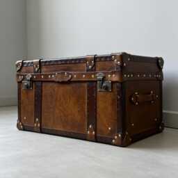 Handcrafted English Leather Steamer Trunk Coffee Table Storage Ottoman Chest - thumbnail 1