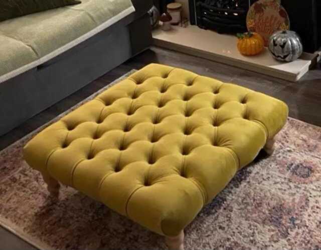 Chesterfield Plush Velvet Footstool - Square Ottoman With Natural Wood Legs - image 1