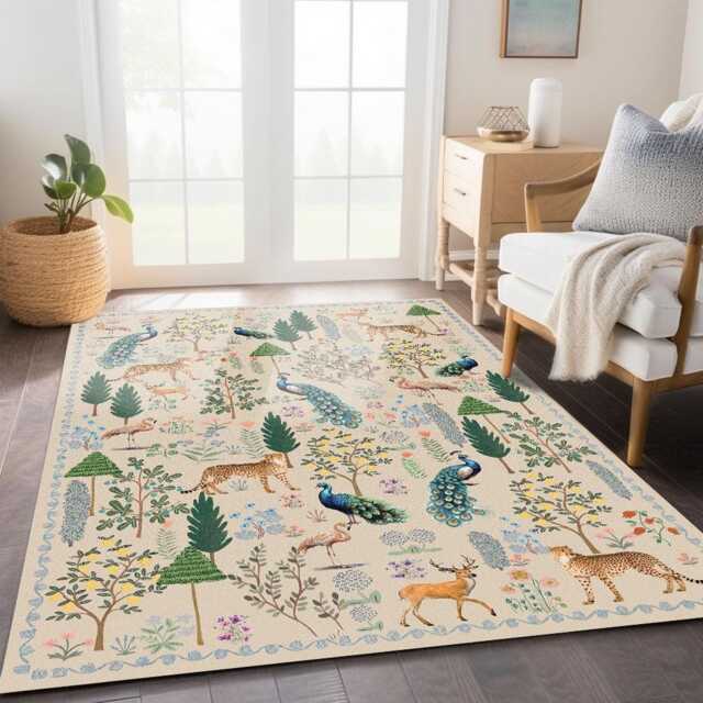 Wildlife Jungle Rug Chenille Peacock Leopard Carpet - image 1