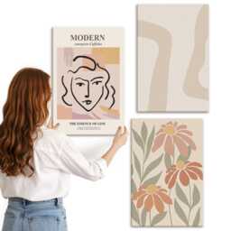 Canvas Wall Art Set Of 3 - Woman in A Modern Style With Patterns, Orange Large, Artwork Hanging Piece - thumbnail 2