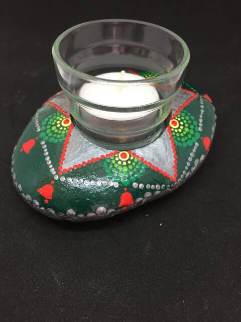 Mandala Stone As A Tealight Holder For The Advent Season Christmas - Dot Painting Green Red Silver - image 1