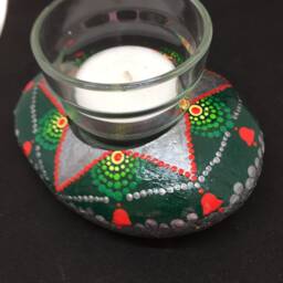 Mandala Stone As A Tealight Holder For The Advent Season Christmas - Dot Painting Green Red Silver - thumbnail 3