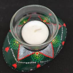 Mandala Stone As A Tealight Holder For The Advent Season Christmas - Dot Painting Green Red Silver - thumbnail 2