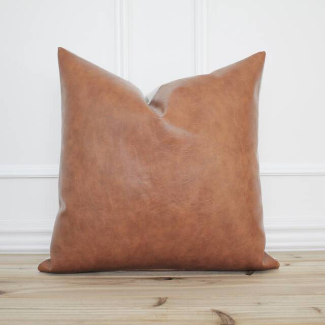 Cognac Faux Leather Pillow Cover Camel Brown Lumbar Decorative 20x20 Designer Pillows 16x26 -- Preston - image 1