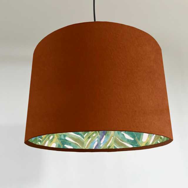 Burnt Orange Velvet Drum Lampshade, Double Sided Lampshade With Palm Leaves Cotton Interior, Ceiling Light Shade - image 1