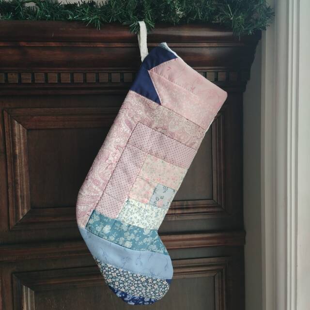 Quilted Christmas Stocking in Log Cabin Patchwork, Pinks & Blues - image 1