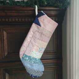 Quilted Christmas Stocking in Log Cabin Patchwork, Pinks & Blues
