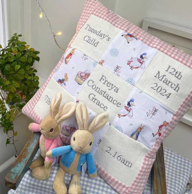 Peter Rabbit?? Memory Cushion Pink- Personalised New Baby Gift - Beatrix Potter Nursery Dec- Flopsy Bunny Christening Birth Details - image 1