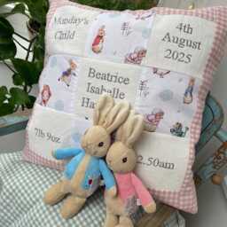 Peter Rabbit?? Memory Cushion Pink- Personalised New Baby Gift - Beatrix Potter Nursery Dec- Flopsy Bunny Christening Birth Details - thumbnail 2