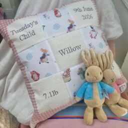Peter Rabbit?? Memory Cushion Pink- Personalised New Baby Gift - Beatrix Potter Nursery Dec- Flopsy Bunny Christening Birth Details - thumbnail 4