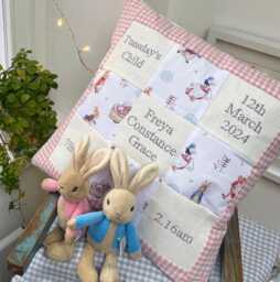 Peter Rabbit?? Memory Cushion Pink- Personalised New Baby Gift - Beatrix Potter Nursery Dec- Flopsy Bunny Christening Birth Details - thumbnail 1