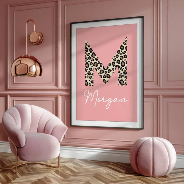 Name & Initial Print - Personalised Pink Leopard Print, Custom Kids Bedroom Decor, Nursery Wall Art, Playroom Girl's Room 1033 - image 1