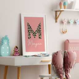 Name & Initial Print - Personalised Pink Leopard Print, Custom Kids Bedroom Decor, Nursery Wall Art, Playroom Girl's Room 1033 - thumbnail 2