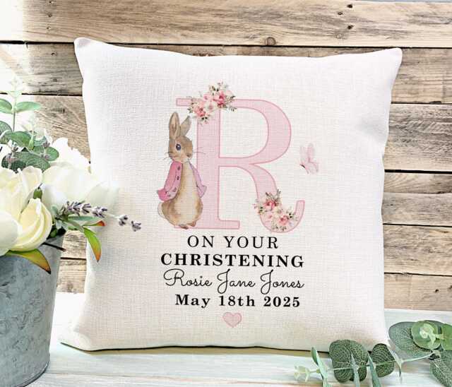 Personalised Christening Cushion Gift Girls Rabbit Baptism Godchild For Goddaughter Gifts - image 1
