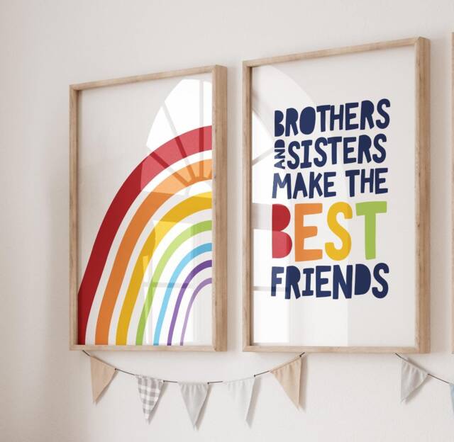 Set Of 2 Brother Sister Rainbow Prints, Wall Art, Sibling Playroom Decor, Art Colourful - image 1