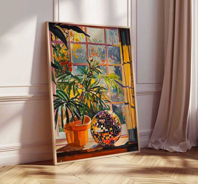 1970's Interior Disco Ball Greenhouse Art Print, Tropical Decor, 70S Style Aesthetic, Retro Funky Houseplant Poster - image 1