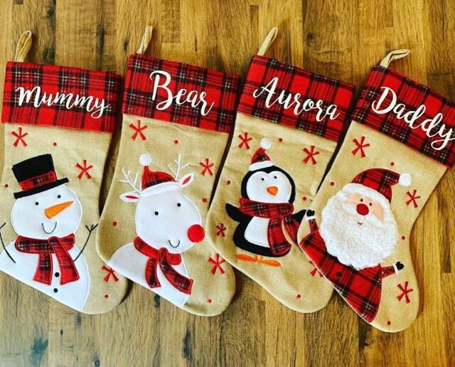 Personalised Christmas Stockings. Red Tartan Hessian Stocking. Name Santa, Reindeer, Penguin Stockings, Gingham - image 1