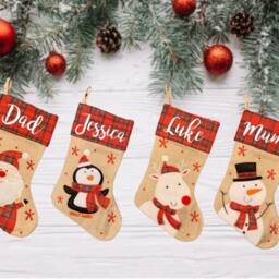 Personalised Christmas Stockings. Red Tartan Hessian Stocking. Name Santa, Reindeer, Penguin Stockings, Gingham - thumbnail 2